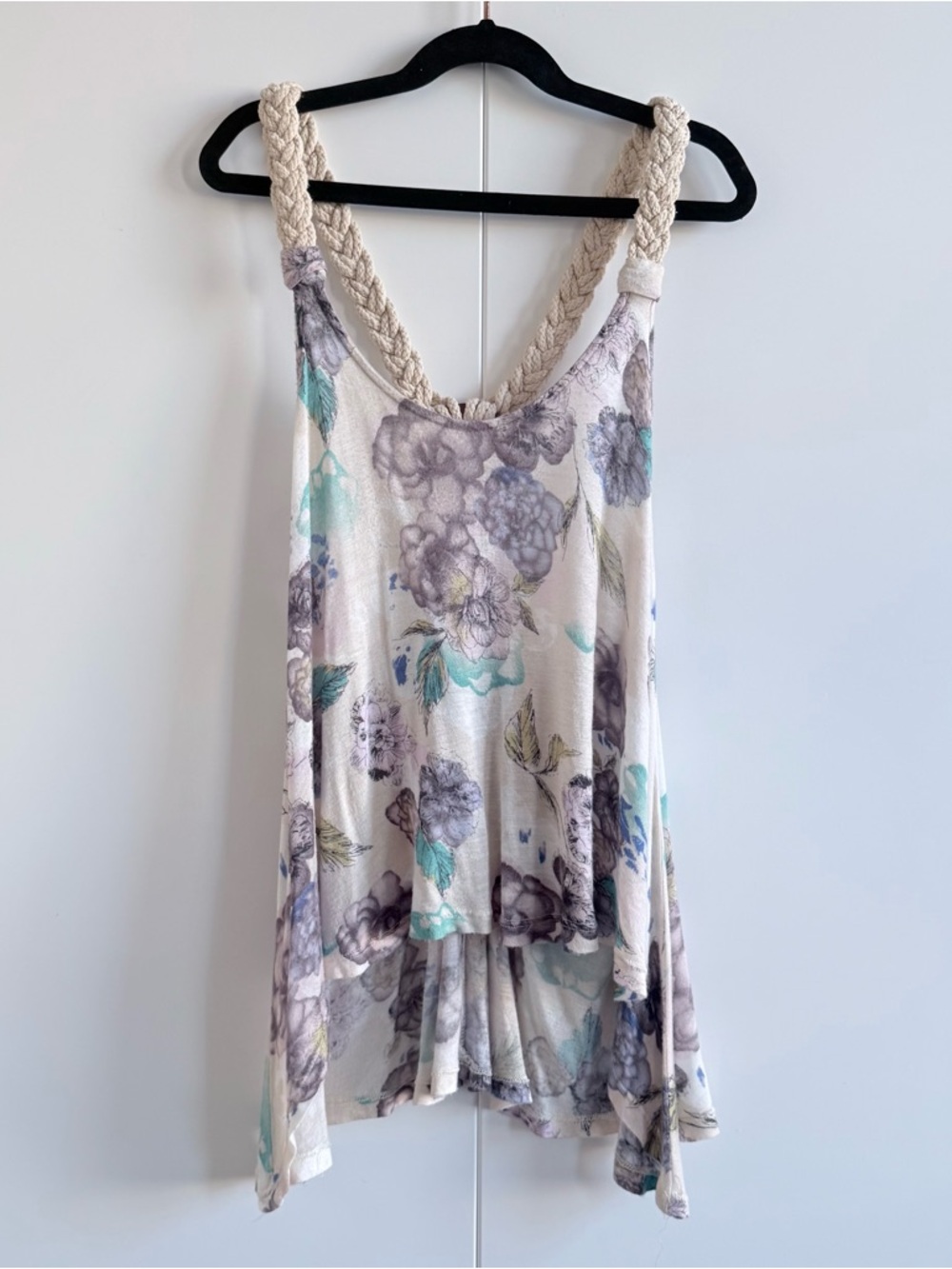Boho Floral Tank Top - Braided Rope Straps & Wooden Ring Back